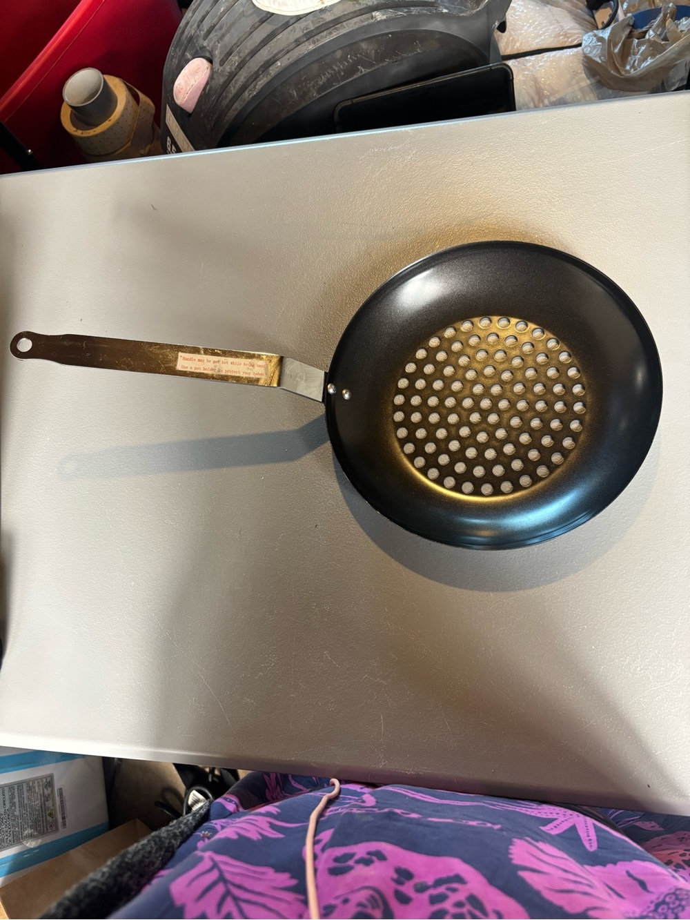 Black Perforated Grill Pan Vegetable Roaster Long Metal Handle 11”